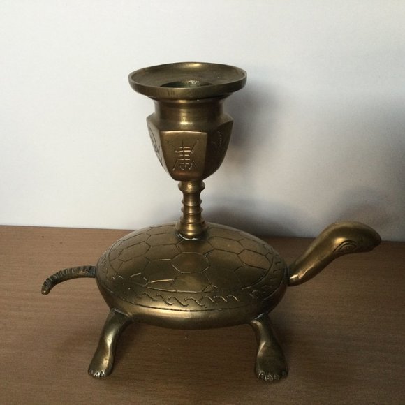 Vintage pair Chinese solid brass Candlestick holders Turtle base removeable top - Picture 3 of 8